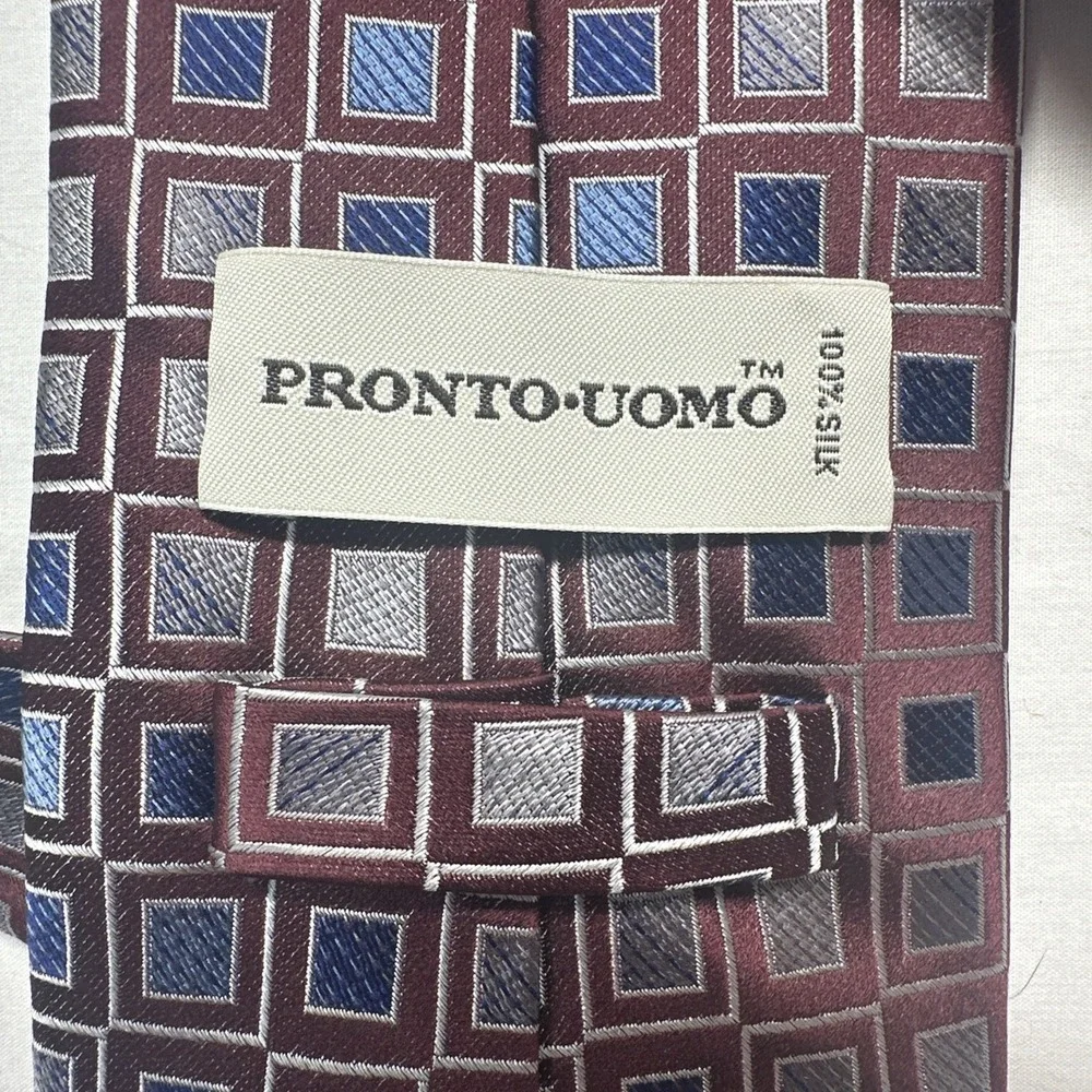 Pronto Uomo Necktie Mens OS Burgundy Blue Silver Geometric Square Silk Hand Made